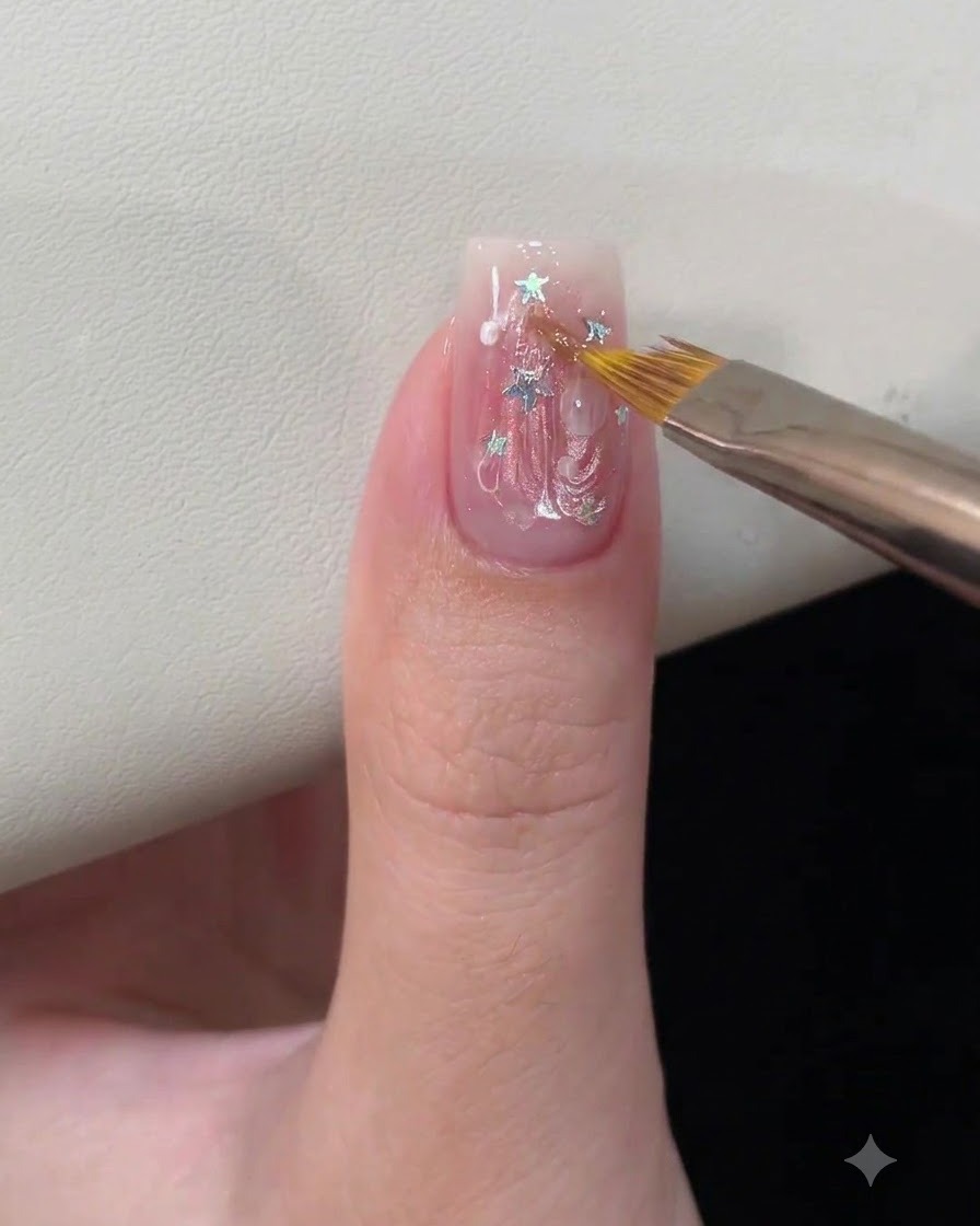 Un primo piano di ununghia con nail art ad increspature dacqua 3D posizionata allinterno di una lampada per unghie UV o LED per la polimerizzazione.