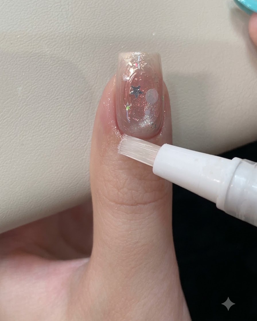 Una penna con pennello rivitalizzante bianca che applica olio per cuticole trasparente sulla pelle che circonda ununghia in gel splendidamente decorata e finita.