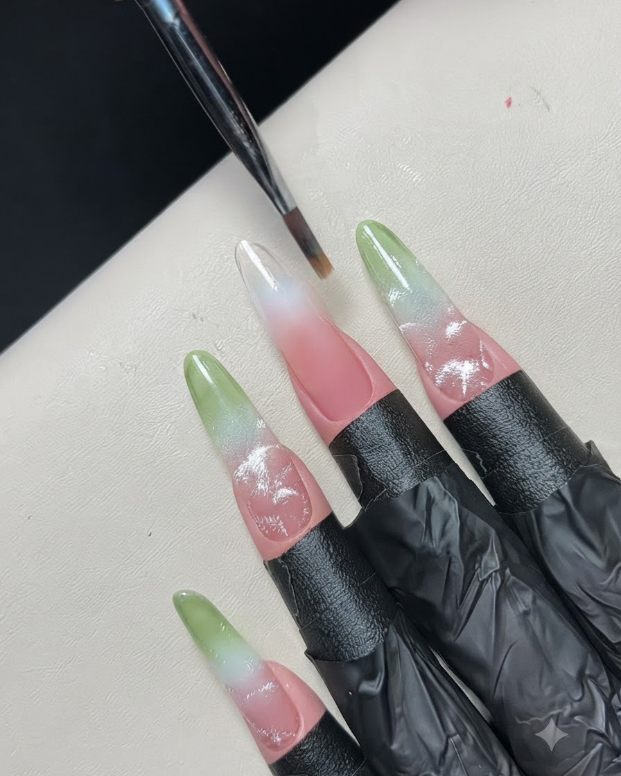 Un pennellino da nail art che sfuma e leviga delicatamente il passaggio di colore su una tip per la pratica del gradiente.