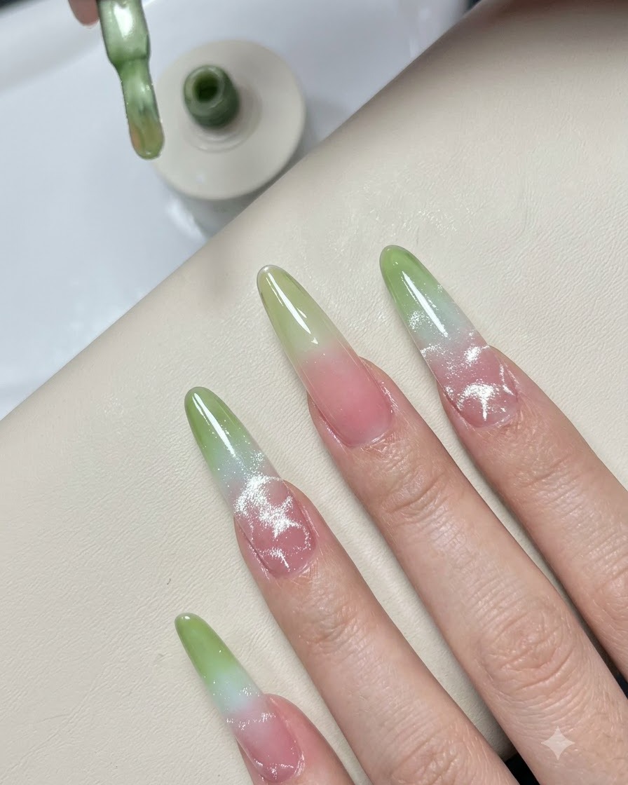 Un pennello per smalto che deposita un piccolo tocco aggiuntivo di gel verde sulla punta dellunghia di pratica.