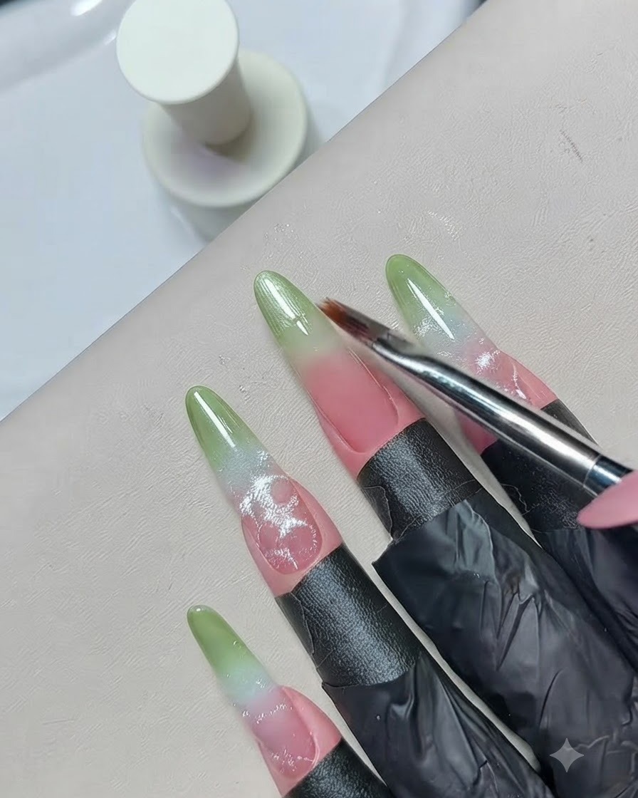 Un pennellino che sfuma lo smalto gel verde verso il basso dellunghia per perfezionare la transizione del gradiente.