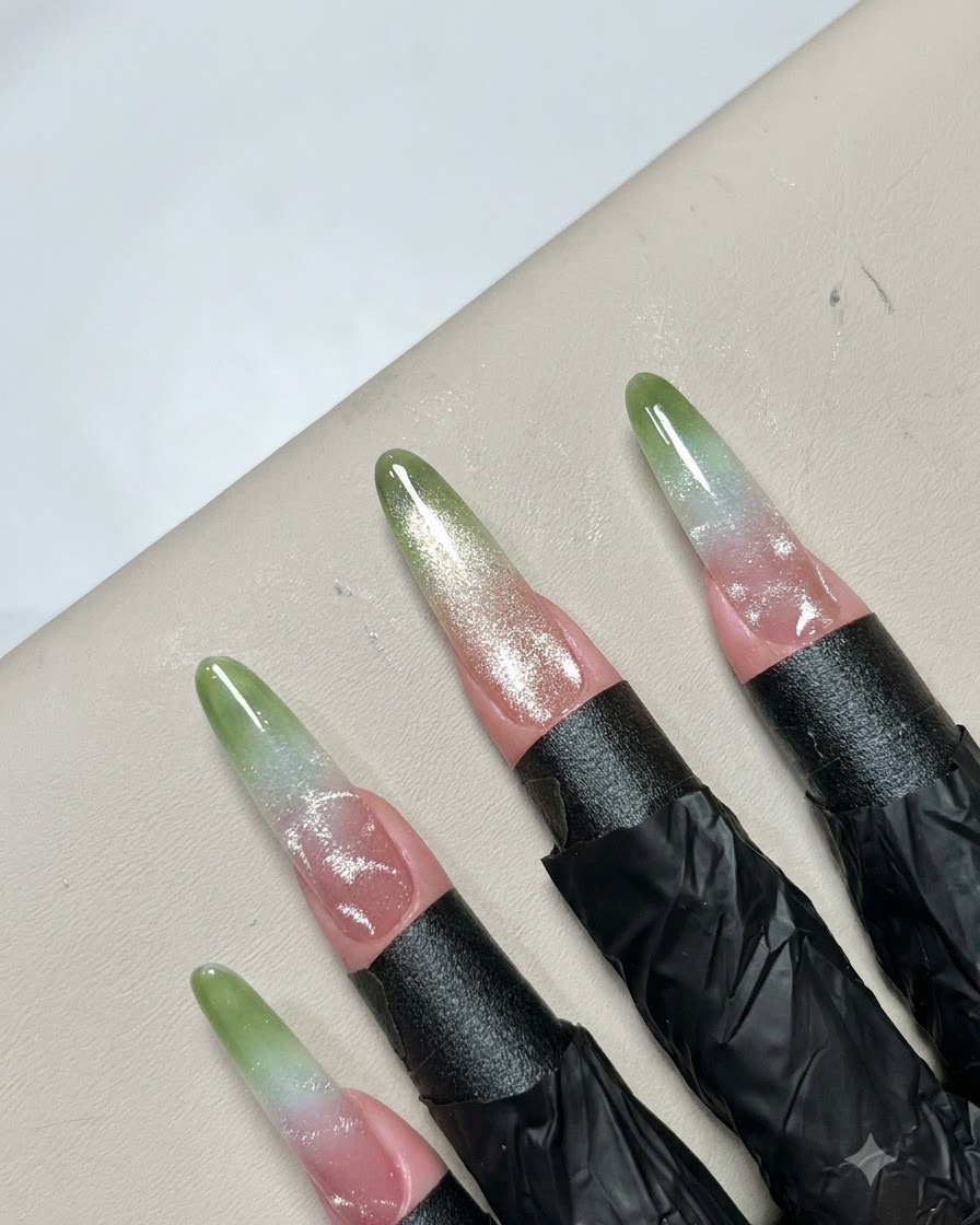 Pinzette di precisione che posizionano piccole perline metalliche su un motivo di nail art finito.