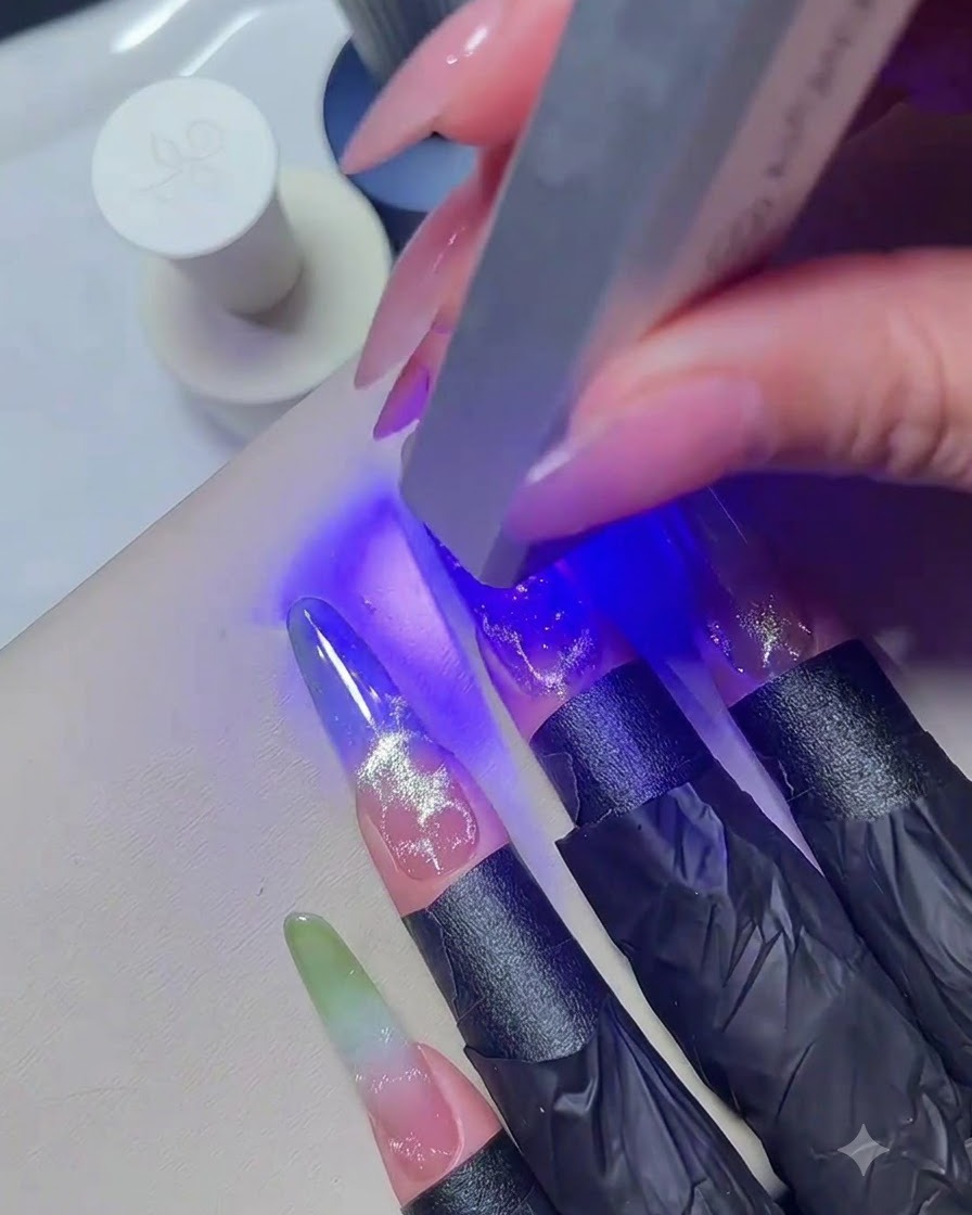 Una mano che tiene una mini torcia portatile UV blu sopra le unghie decorate per polimerizzare il gel.