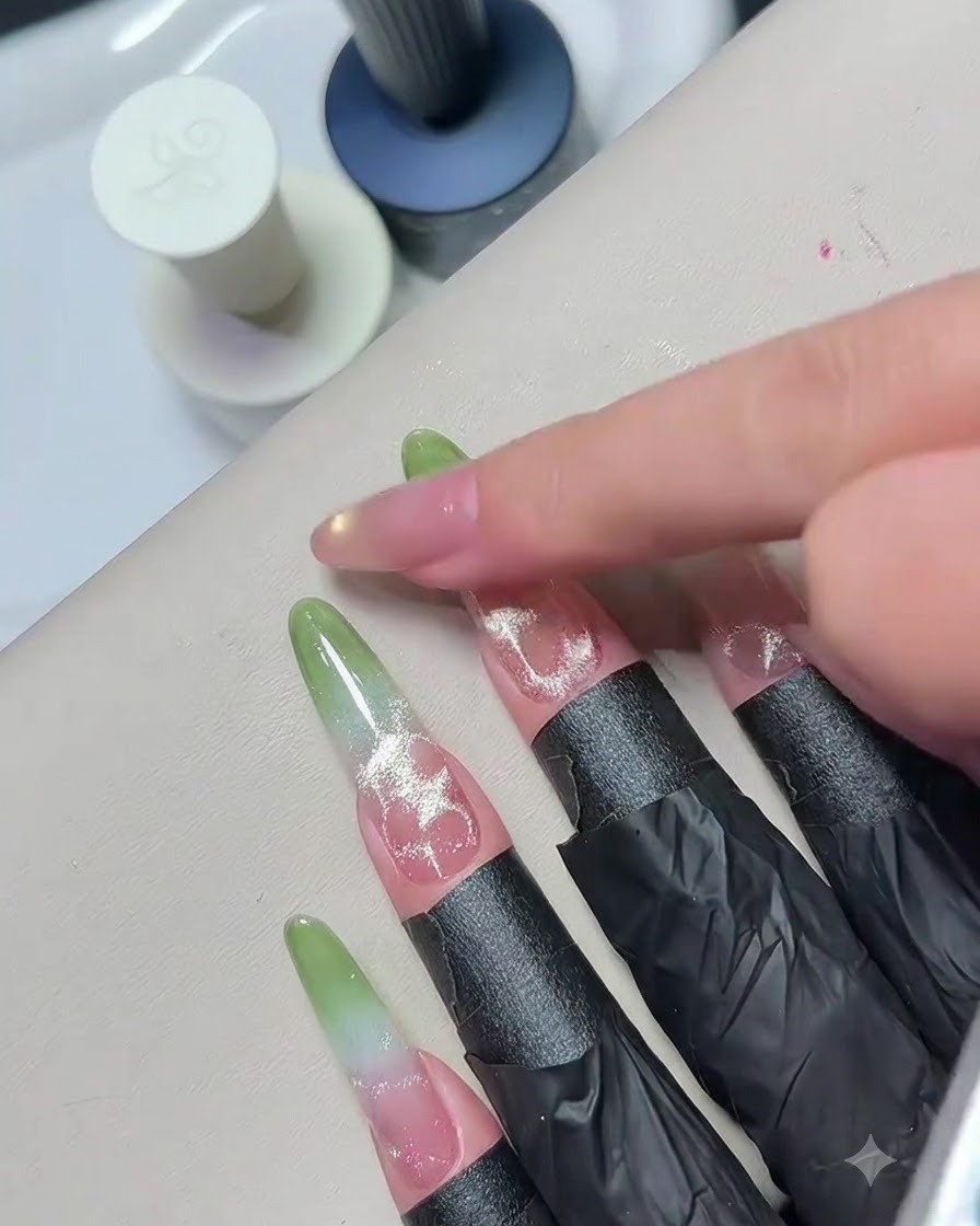 Un dito che tocca delicatamente la superficie di ununghia lucida polimerizzata per ispezionarne la texture finale.