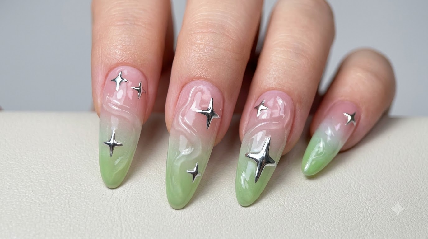 Nail Art Estiva Effetto Acqua con Sfumatura Rosa e Verde — Tutorial Passo Passo