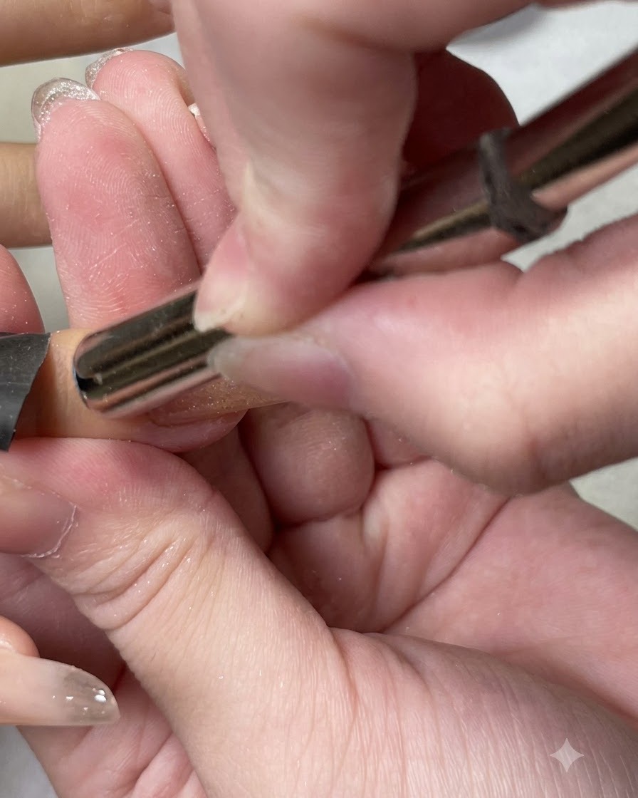 Cilindri magnetici impilati tenuti vicini al lato dellunghia dellindice per concentrare le particelle cat eye.